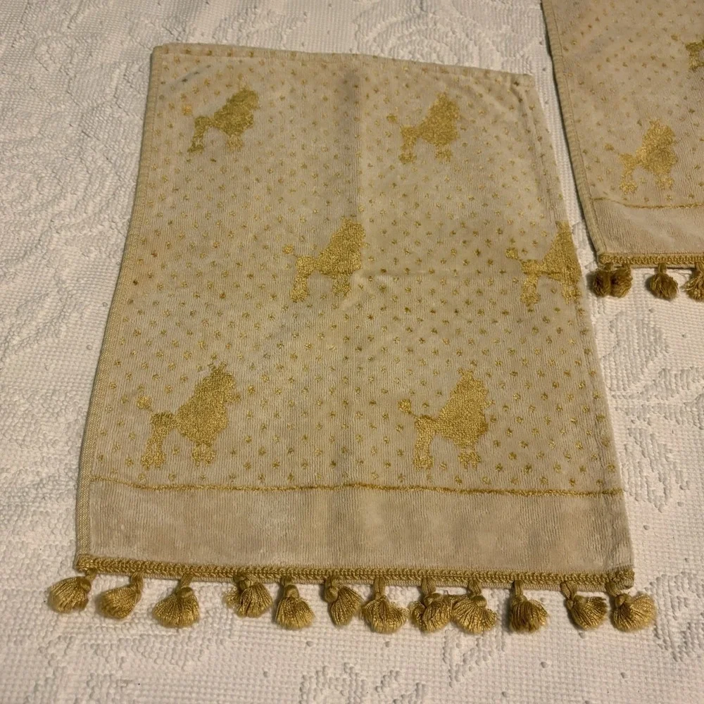 Poodle‎ Hand Towels Gold Cream All Over Print Fancy VTG 3 Fringed
